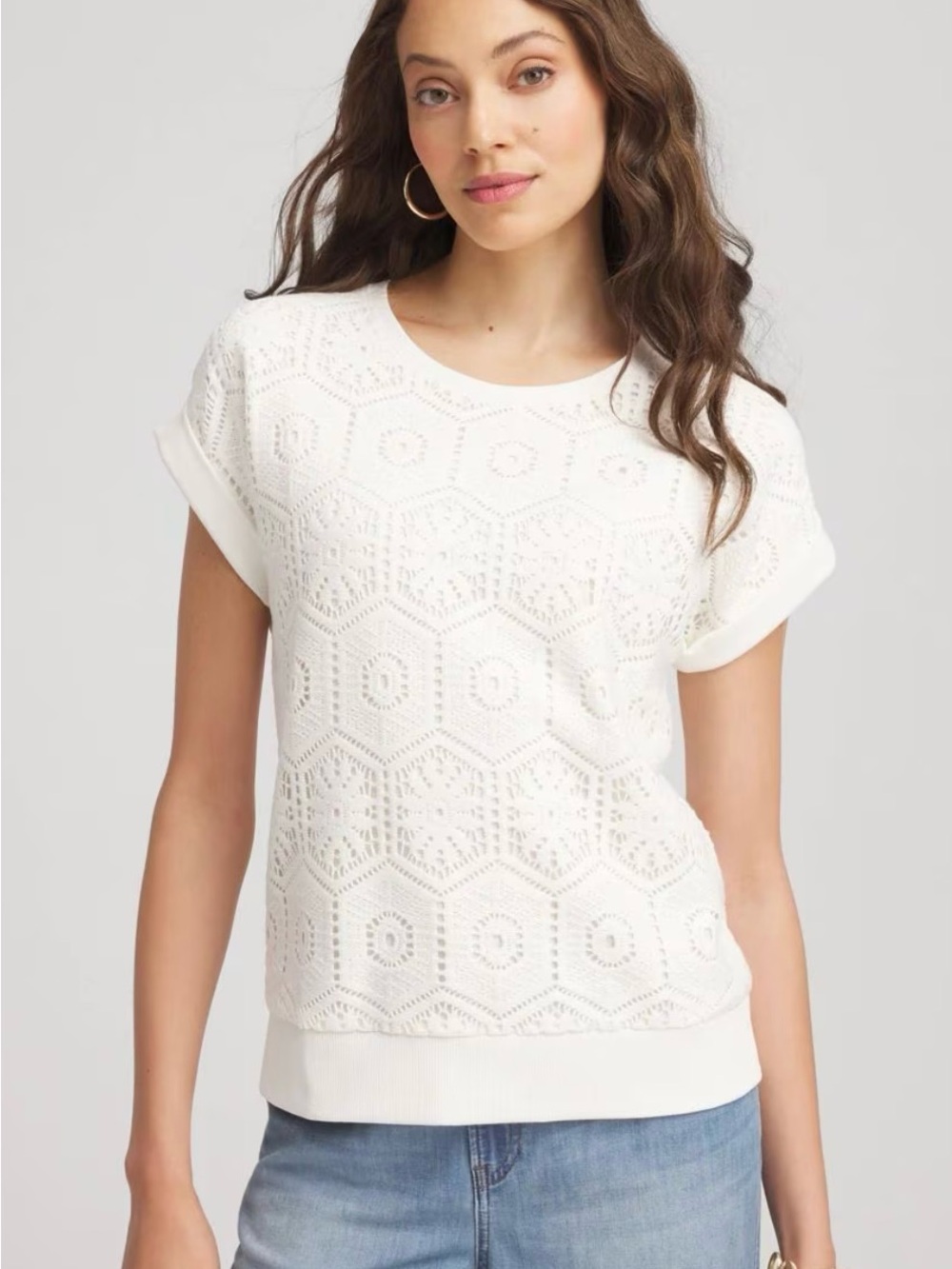 KAYLIK Women’s Plus Size 3XL White Crochet Front Cotton Blend Blouse Casual Top
